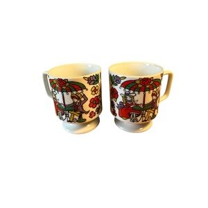 1960s Vintage Set 2 Enesco Psychedelic Floral Boy Girl Coffee Tea Mugs